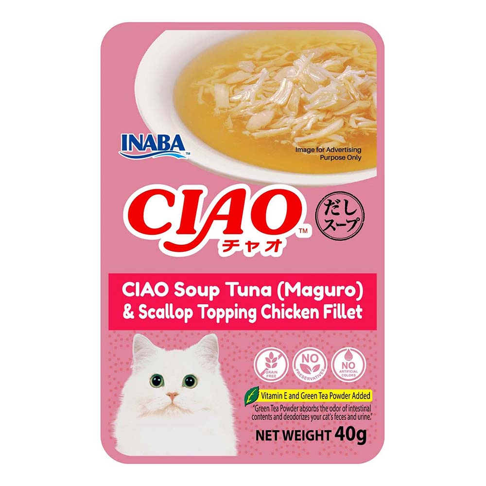 "10% OFF: Ciao Clear Soup Tuna Maguro, Scallop & Chicken Fillet Pouch Cat Food 40g x 16"