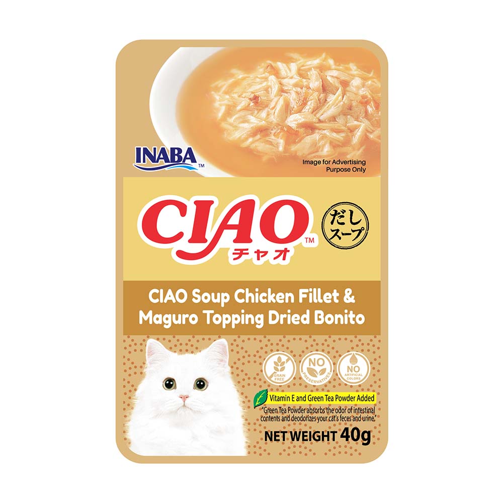 "10% OFF: Ciao Clear Soup Chicken Fillet, Tuna Maguro & Bonito Pouch Cat Food 40g x 16"