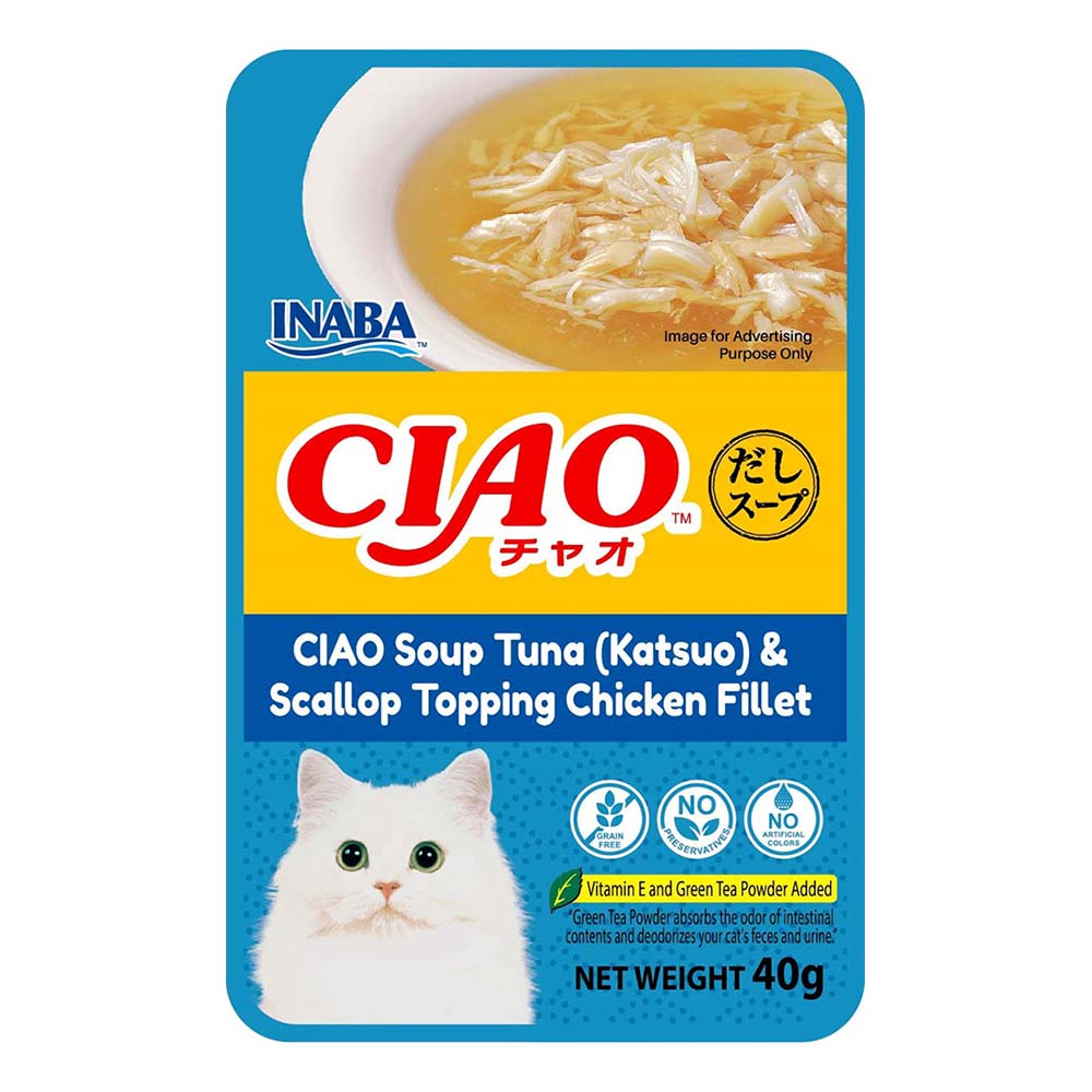"10% OFF: Ciao Clear Soup Tuna Katsuo, Scallop & Chicken Fillet Pouch Cat Food 40g x 16"